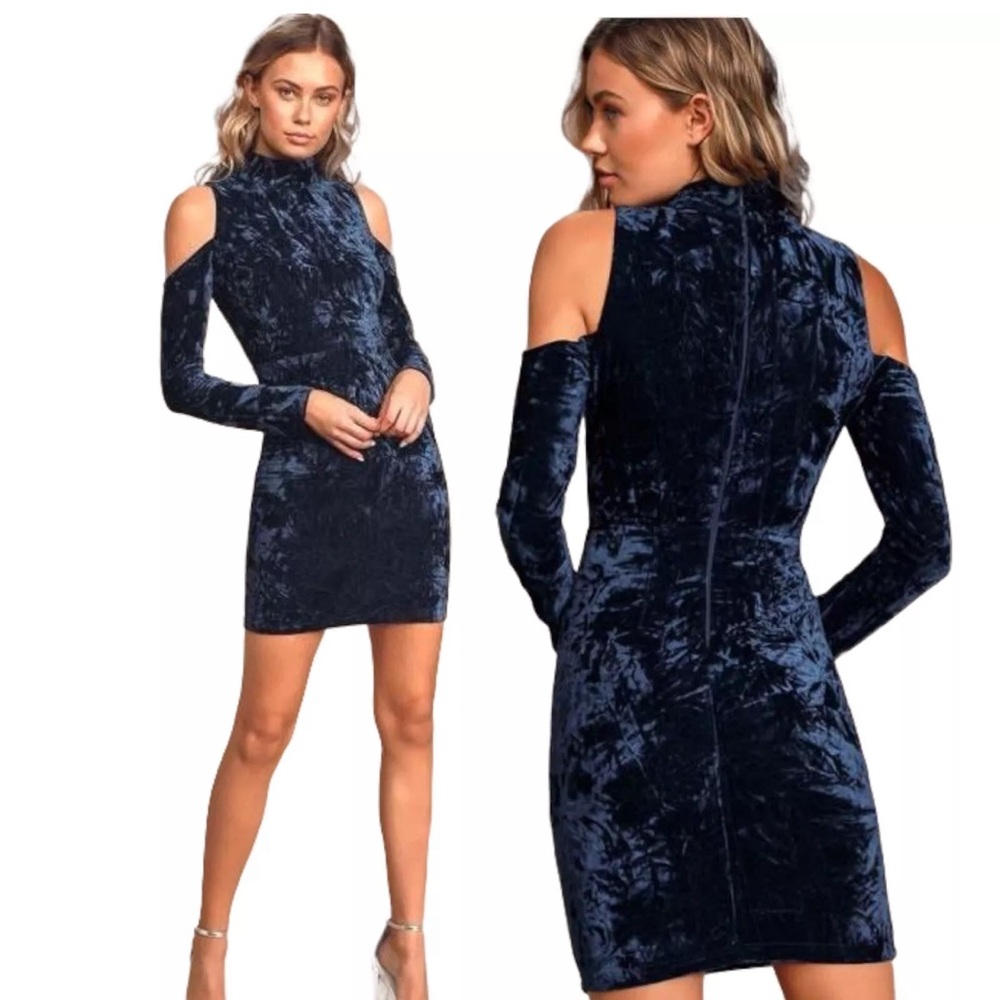 Lulu’s Crushed Velvet Cut Out Sleeve Mini Party NYE Short Dress Royal Blue Navy